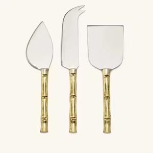 Juegos de quesos de metal únicos con diseño de bambú de latón Mango dorado Cuchillos de queso con acabado plateado Juegos de esparcidor de mantequilla - Product Image 1