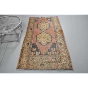 Turkish Accent Rug 3.6x6.46 ft, <b>Red</b> Bordered Vintage <b>Wool</b> Rug - Product Image 1