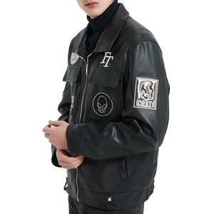 <b>Men's</b> PU Leather Bomber <b>Jacket</b> Moto <b>Biker</b> Style Embroidered Patch Design Turn-Down Collar Zipper Closure Regular Fit Winter - Product Image 2