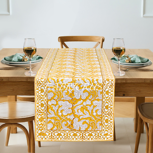 Usine conception personnalisée 100% coton chemin de Table safran jaune mariage indien main-bloc imprimé couverture de nappe de luxe - Product Image 1