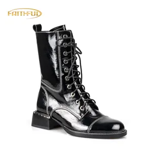 Coole Lack leder Schnür Punk Stiefel Low Block Heels Damen High Top British Martin Stiefel Kampfs tiefel Frauen Schulmädchen Schuhe