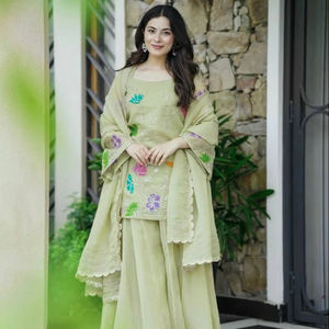 Traje Étnico Indio Tradicional para Bodas, Kurti Sharara Dupatta Salwar, Ropa de Fiesta, Algodón y Seda, Semi-Confeccionado, Bordado Elegante - Product Image 1