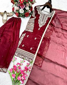 Nouvel ensemble de palazzo et de dupatta en soie de designer pour femmes, prêt à porter pour les mariages et les fêtes, costume de palazzo prêt à porter pour la vente à l'exportation - Product Image 3