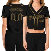 Meilleures ventes Vêtements d'équipe personnalisés Maillot de baseball court à col en V noir et or pour femmes