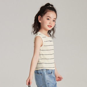 เสื้อยืด F-ribbed 100% ลายทางแขนกุดผ้าฝ้ายคอตตอนสไตล์ลำลองสำหรับฤดูร้อนเสื้อโปโลเด็กผู้หญิง ST493 - Product Image 3