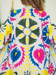 Multicolor Cotton Kimono with Embroidered Mandarin Collar Festival <b>Coat</b> - Product Image 4