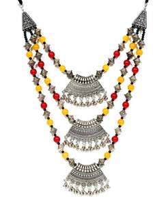 Womens Ethereal Oxidised Silver Layered Necklace with Red and <b>Yellow</b> Pearls Perfect for Saree Look - Product Image 3