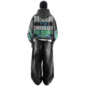 Conjunto Deportivo Personalizado de Estilo Urbano Y2K con Pedrería, Sudadera con Estampado Digital y Pantalones Jogger Acampanados, Precio Económico al por Mayor, Chándal Hip Hop con Lavado Ácido - Product Image 3