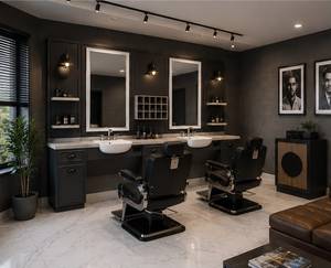 Mueble Moderno de Madera Negra para Salón de Belleza o Barbería con Lavabo, Estantes de Almacenamiento y Espejo Doble, Mobiliario Comercial - Product Image 4