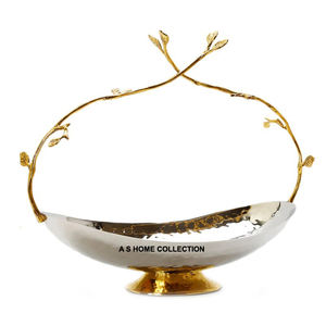 Diseño martillado de acero inoxidable, rama de hoja de latón pulido brillante, forma ovalada, cuenco decorativo de lujo para servir galletas y frutas - Product Image 1