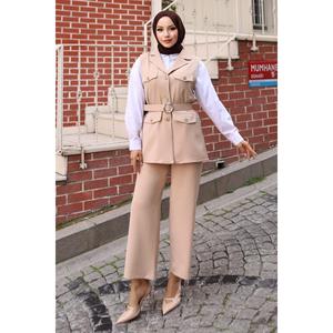 Conjunto Casual Beige de Chaleco Largo Detallado con Bolsillos y Pantalones Cortos de Verano MSW19249-5 de 2 Piezas: Top de Longitud Media y Pantalones Cortos hasta la Rodilla - Product Image 1