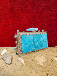 Turquoise Gemstone Mosaic <b>Clutch</b> with <b>Silver</b> Frame and Stone Bar Clasp Handmade Luxury Statement <b>Bag</b> for Weddings Parties - Product Image 2