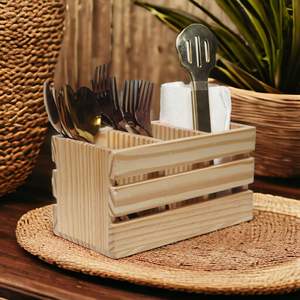 Moderno Porta Cubiertos de Madera Natural Hecho a Mano, Organizador de Mesa Duradero con Múltiples Compartimentos, Diseño de Listones para Cucharas, Tenedores y Cuchillos - Product Image 2