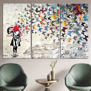 ภาพพิมพ์บนผ้าใบลายสาวน้อยผีเสื้อของแบงก์ซี่ - ดีไซน์กระจกสี ชุดผ้าใบ 3 ชิ้น - Product Image 1