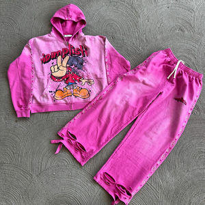 Conjunto de pantalones acampanados y Sudadera con capucha Vintage de felpa francesa de gran tamaño personalizado, chándales bordados desgastados lavados con ácido - Product Image 4