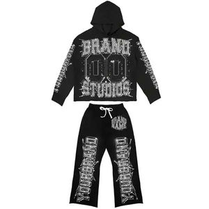 2026 Breathable Custom Cotton/Bamboo Fiber Acid Wash Distressed Applique Embroidery Patchwork Logo Winter Jogging 2 Piece <b>Set</b> - Product Image 4