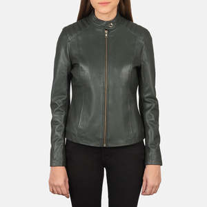Chaqueta de Cuero Verde con Cuello Alto Estilo Motero para Otoño - Product Image 4