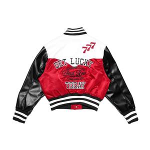 Chaqueta universitaria OEM de tendencia industrial para mujer, ropa de invierno Vintage con soporte, chaqueta Bomber de béisbol de cuero con logotipo bordado personalizado - Product Image 5