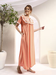 Camisón de Encaje 100% Algodón para Mujer, Manga Media, Largo Completo, Tejido Transpirable, Cuello Sólido, Elegante, Primavera, Otoño, Verano - Product Image 4