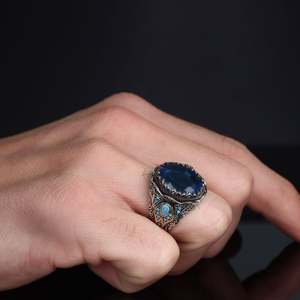 Anillo de Hombre de Plata de Ley 925 de Alta Calidad, Estilo Otomano, con Piedra de Ágata Yamen Natural, Hecho en Turquía, Azuris - Product Image 1