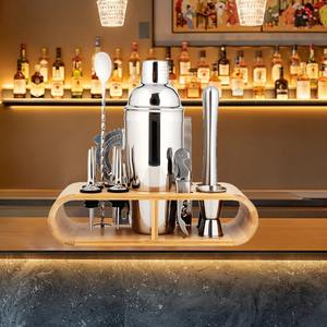 Stainless Steel <b>Cocktail</b> <b>Shaker</b> <b>Set</b> with Elegant Wooden Base and Lid for Weddings and Special Events - Product Image 1