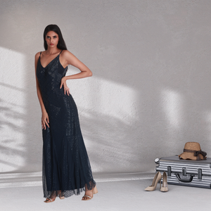 Vestido de Noche Azul Marino elegante de alta calidad con cuentas a mano con cuello en V y tirantes finos vestido de fiesta Formal de lujo - Product Image 4