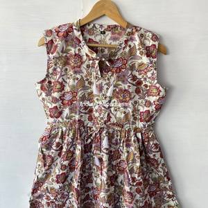 Robe sans manches en pur coton imprimé bloc pour femmes Nouvelle Collection Style doux avec taille naturelle lavable-Prix de gros - Product Image 2