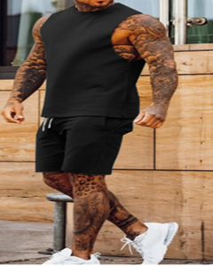 Conjunto de camiseta y pantalones cortos de media manga de estilo informal para hombre con logotipo de marca personalizado, talla XL, 100% de algodón, transpirable, de corte regular, talla grande para - Product Image 5