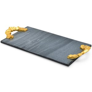 Plateau de service rond en métal en laiton AK avec poignées en plateau décoratif fini bleu et or pour décor d'hôtel/accents de décoration de table - Product Image 5