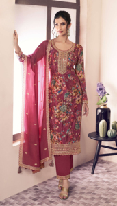 Heavy Chinon con impresión digital múltiple con bordado de secuencia Stich Work DISEÑADOR CHINON SALWAR - Product Image 4