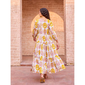 Vestido Maxi Elegante con Mangas Abullonadas y Estampado Floral, Estilo Bohemio, Largo hasta el Suelo, en Modal - Product Image 4