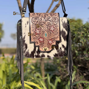 Cowhide Fur Leather Handmade Carving Tooled Leather Fringe Handbag New Arrival Gypsy Boho Vintage Cross Body Stylish <b>Bags</b> - Product Image 1