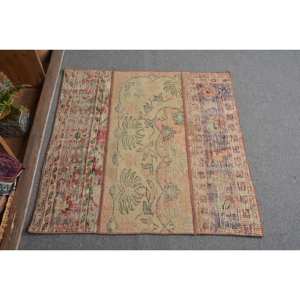 <b>Vintage</b> Turkish <b>Rug</b> 3.2 X 3.2ft Boho Style Large Area Beige Red Patchwork Design Wool Latex for Summer for Hallway Room Decor - Product Image 1