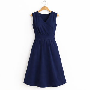 Robe ajustée et évasée de couleur marine pour femmes, décontractée et confortable, tendance, robe portefeuille pour femmes - Product Image 1