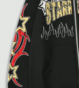 Vente en gros Sweat-shirt à capuche zippé à imprimé lettre et pentagramme de haute qualité pour hommes avec épaules tombantes et cordon de serrage - Product Image 5