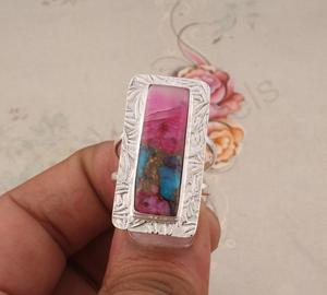 2025 Natural Rosa ostra turquesa fina eternidad boda anillo de compromiso 10x20mm rectángulo bisel ajuste Vermeil joyería fiestas - Product Image 3