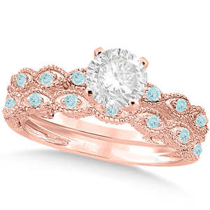 Ensemble de mariage vintage en or rose 14 carats avec diamant de 0,70 carat et aigue-marine, bijoux fins pour les amoureux, forme de perle d'eau douce - Product Image 1