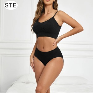 CHRLEISURE Women's Casual Elastic Waist Wireless Sports Bralette Underwear Set U Type Backless Solid <b>Leggings</b> Suit - Product Image 5