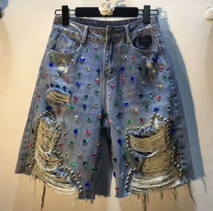 Shorts de Mezclilla Desgastados con Cuentas de Imitación de Diamantes, Bermuda, Jorts para Mujer, Ropa Urbana de Verano - Product Image 4