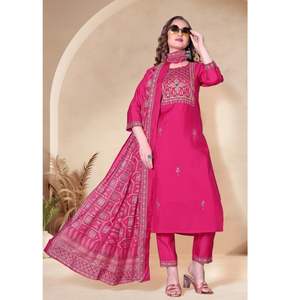 Ensemble Kurti en soie romaine Chanderi imprimé avec dupatta, véritable travail à la main avec des miroirs, micro-coton intérieur, grossiste - Product Image 1