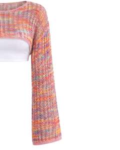 Manufacturer Custom Multicolor Crochet Knit Crop Sweater <b>Women</b> Open Weave <b>Long</b> Flare Sleeve Lightweight Fashion Spring Summer - Product Image 2