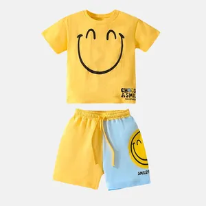 New Design Custom Accepted Unisex Spring Summer Short Sleeves Knitted Smile Face Pattern Shirt and Shorts 2pcs Boys Clothes Set