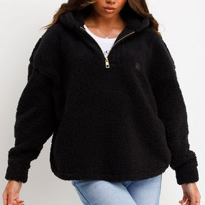 Sudadera con capucha de lana negra personalizada más vendida para mujer, cuello con media cremallera, longitud larga, para entrenamiento de otoño, logotipo frontal - Product Image 1