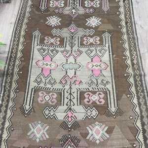 Kilim Vintage Rug, 4.1x12.2 ft Turkish Rug, <b>Brown</b> Floral <b>Wool</b> Rug - Product Image 3