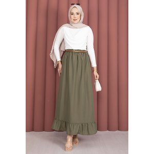 Khaki Straight Midi <b>Skirt</b> with <b>Elastic</b> Waist & Ruffle Details Soft Breathable Spandex Fabric Digital Print Plain Style - Product Image 1