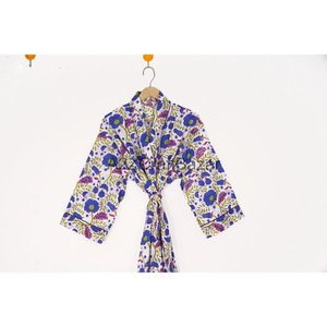 เสื้อคลุมอาบน้ำกิโมโนผ้าฝ้ายพิมพ์ลายดอกไม้อินเดียหรูหราชุดใส่นอนระบายอากาศคอวีมีเชือกผูกปากถุงระบายอากาศได้ดี - Product Image 2