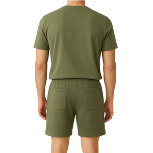 Ensemble décontracté d'été pour homme, t-shirt en coton vert olive à col rond et short, couleur unie, tissu tricoté respirant - Product Image 6