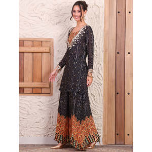 Conjunto Coordinado de Chifón de Viscosa Pura con Estampado Bandhani Negro para Mujer, Estilo Bohemio para Primavera/Verano - Product Image 4