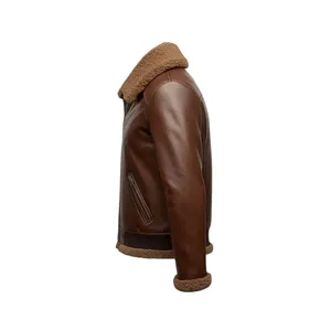 Men's B3 Brown <b>Sheepskin</b> Leather Bomber <b>Jacket</b> Windproof OEM Winter Biker Zippered Closure XS XL Available - Product Image 2