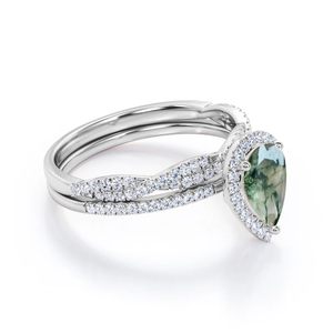 Personalizado 1,5 quilates corte de pera ágata musgo y moissanita conjunto nupcial grabado anillo de plata chapado en oro blanco para boda - Product Image 3
